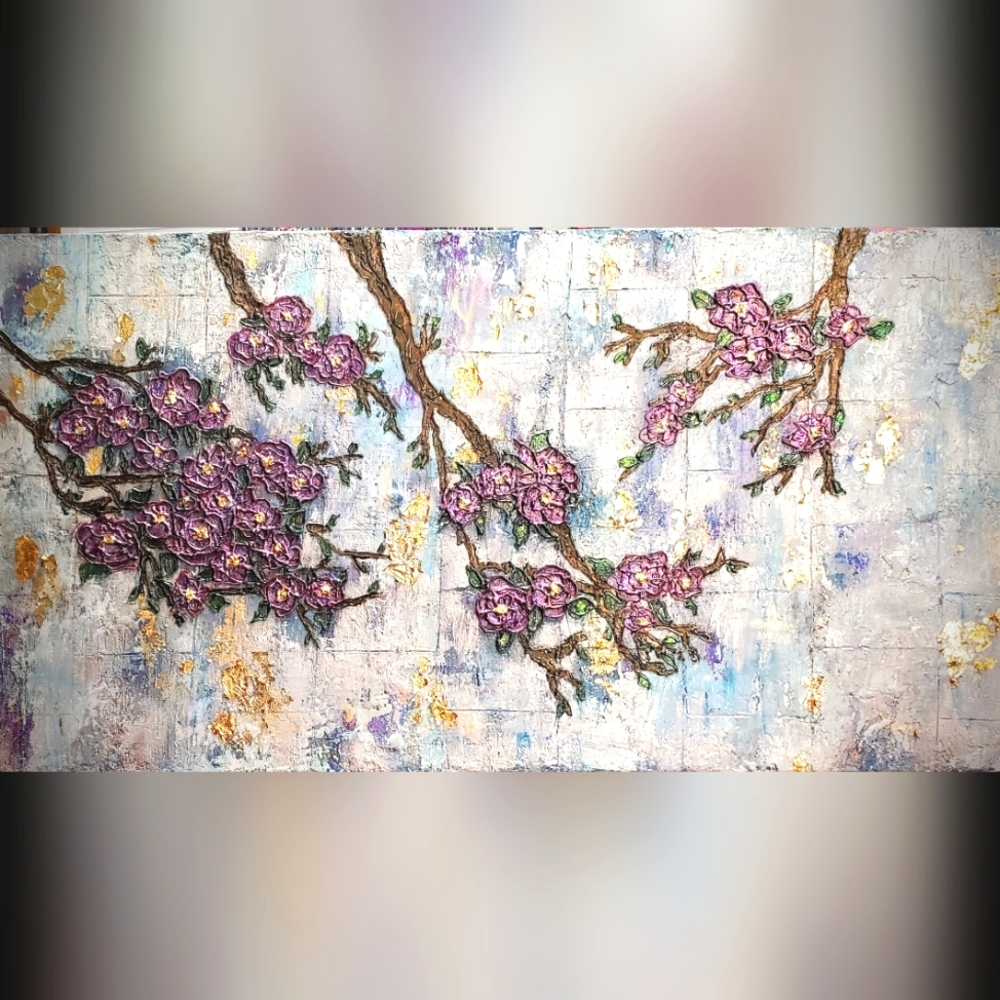 Large 24x60 textured, original, signed artwork, wall art, floral painting